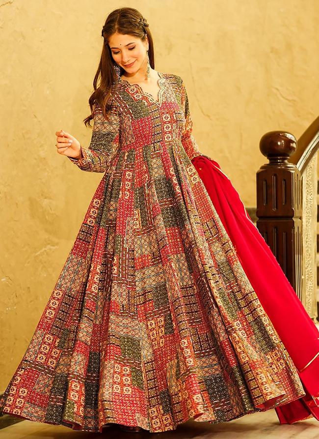 Heavy Rayon Red Ethnic Wear Digital Printed Readymade Gown